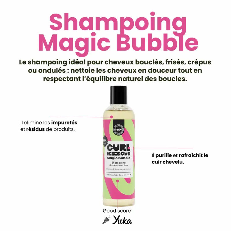Curl Hibiscus Shampoing Magic Bubble nettoie en douceur, réhydrate les cheveux crépus à ondulés