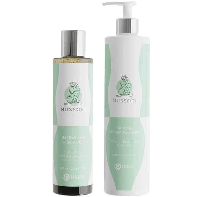 Gel exfoliant aux grains de café et Lait unifiant hydratant pour peau noire mate métissée