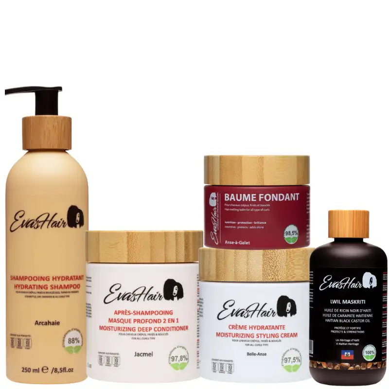 Routine complète Evashair pour cheveux crépus, frisés avec huile de Ricin Lwil Maskriti 250ml