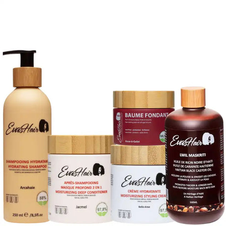 Routine complète Evashair pour cheveux crépus, frisés avec huile de Ricin Lwil Maskriti 500ml