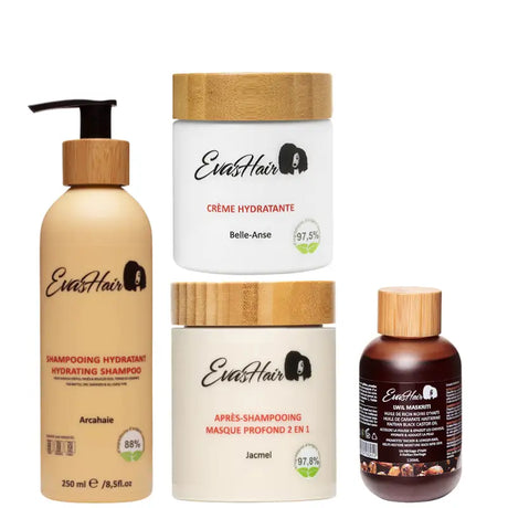 Evashair Gamme complète avec Huile de Ricin Haïtienne lwil Maskriti, le shampoing, la crème hydratante et le masque profond pour cheveux Crépus, bouclés frisés