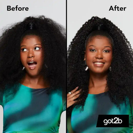 Résultat avant après du Soin Hydratant Démêlant CURLZ Got2b sur cheveux bouclés avec chevelure plus définie et plus facile à coiffer