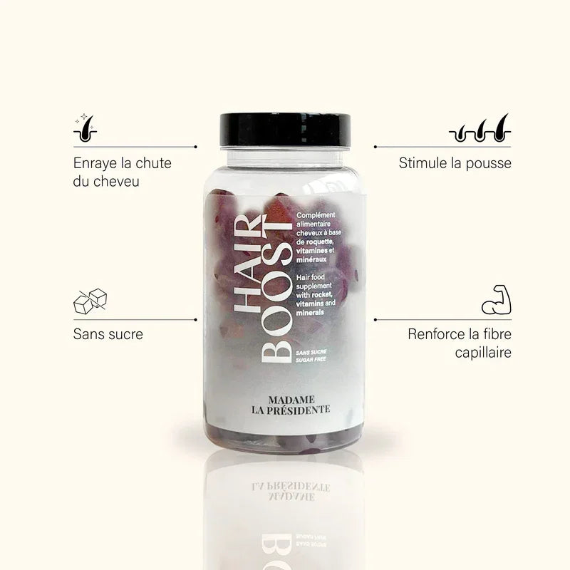 Madame La Présidente Les gummies hair boost stimulent la pousse, apportent de la vitalité aux cheveux et réduisent la chute.
