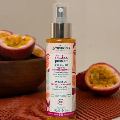 Huile pour faire briller les cheveux ondulés, bouclés, crépus à base d'huile de Passiflore et Buriti pour protéger et sceller l'hydratation sur les longueurs Activilong