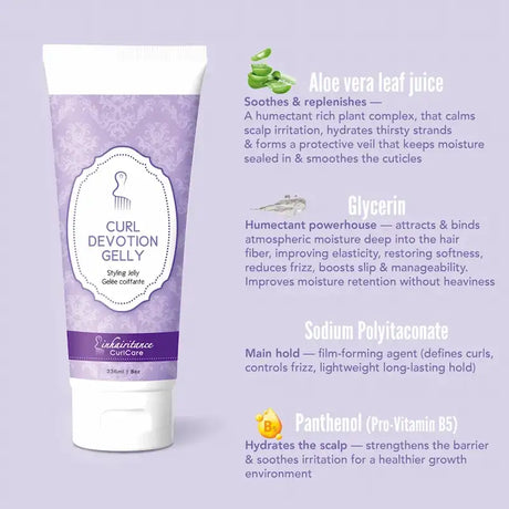 Curl Devotion Gelly Inhairitance enrichie en Rose de Jéricho, ginseng et actifs hydratants pour définir les boucles sans effet carton