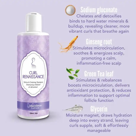 Curl Renaissance Inhairitance shampoing chélatant enrichi en ginseng, thé vert et actifs détox pour purifier les cheveux