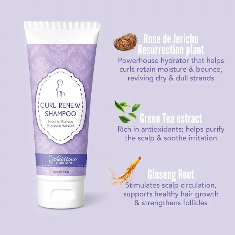 Shampoing Curl Renew Inhairitance enrichi en Rose de Jéricho, ginseng et thé vert pour purifier et hydrater les cheveux bouclés, frisés, crépus