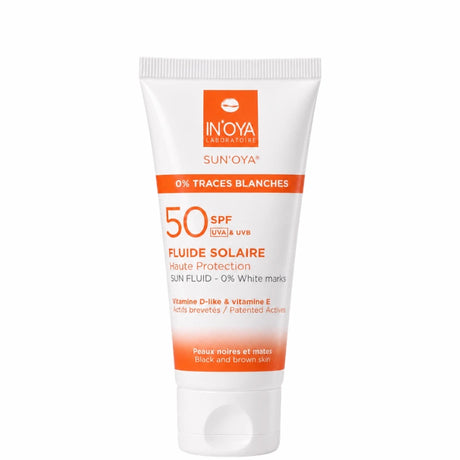 Crème solaire SPF 50 Laboratoire In'Oya. Idéale pour les peaux pigmentées. Haute protection solaire UVA/UVB. Sans traces blanches.
