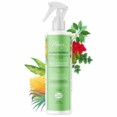 Spray Hydratant et Nourrissant Mango Nourish au Bois d’Inde, Menthe Poivrée et Carapate pour assainir le cuir chevelu et renforcer les cheveux bouclés, frisés et crépus