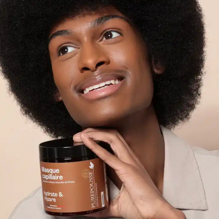 Masque capillaire hydratant PurePousse sur cheveux crépus – Hydratation intense, démêlage facile et réduction de la casse.