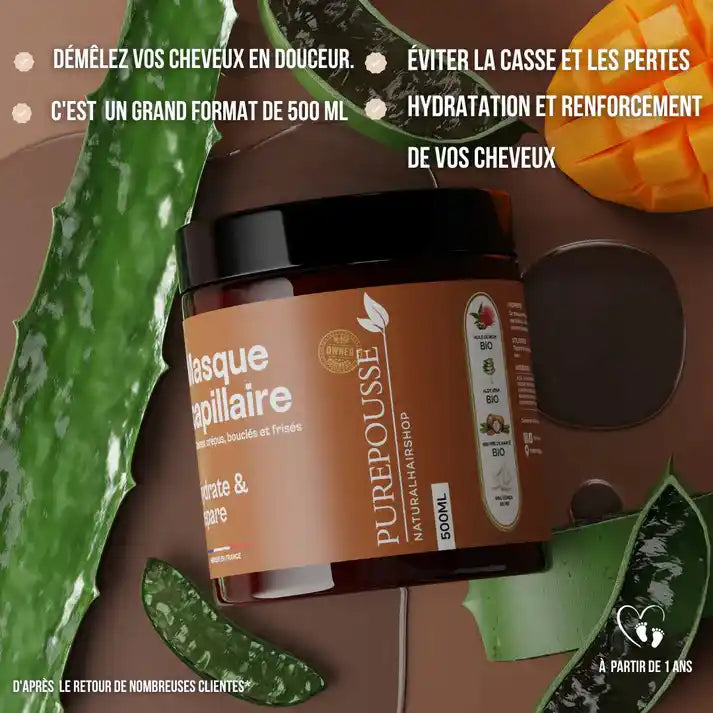 Masque hydratant profond Protéiné anti-casse pour cheveux crépus, frisés, bouclés Purepousse