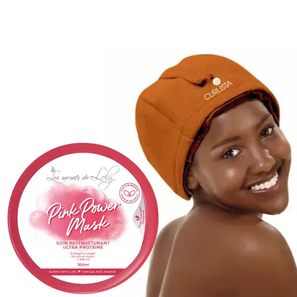 Masque Fortifiant Pink Power Les Secrets de Loly avec Bonnet Chauffant sans fil pour un soin profond efficace sur cheveux cassants ou abîmés