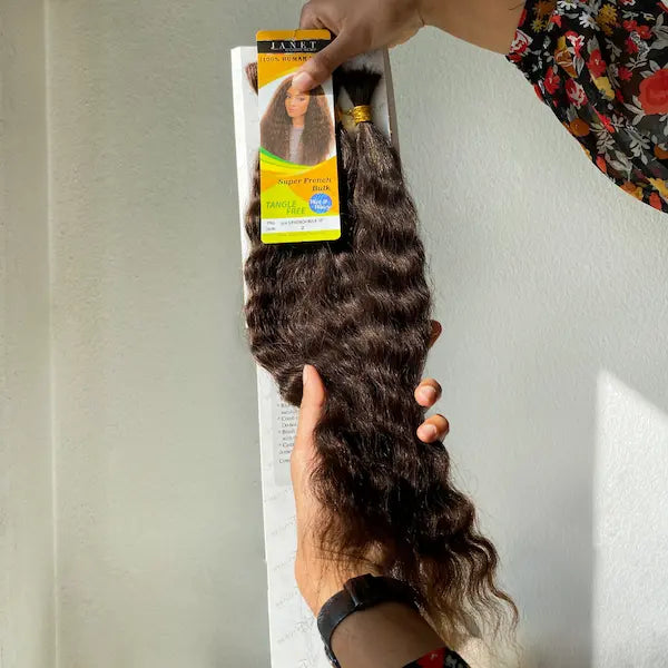 Méches cheveux naturels pour tresse. Rajouts 100% remy human hair 14 à 18 pouces. Janet Collection Super French Bulk en châtain foncé (2)