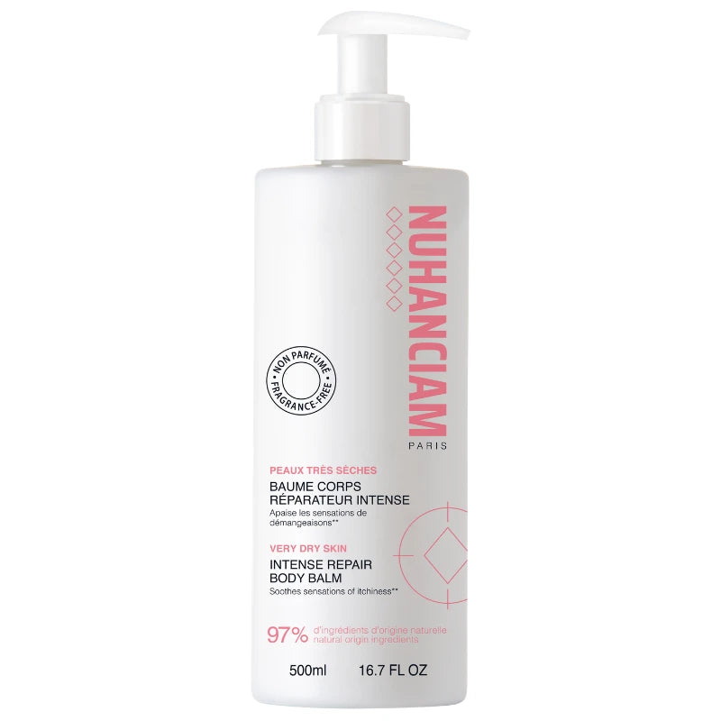 Baume Corps apaisant pour peau très sèche. Idéal pour soulager les sensations de démangeaisons après la douche. Nuhanciam 500ml