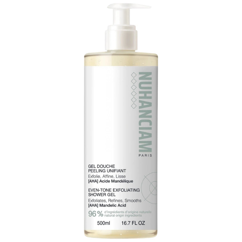 Nuhanciam Gel Douche Exfoliant à l'acide mandélique AHA pour peau noire, mate métissée ou claire avec rugosité ou taches pigmentaires