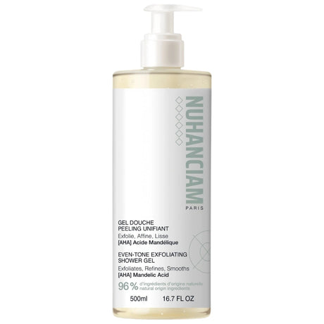 Nuhanciam Gel Douche Exfoliant à l'acide mandélique AHA pour peau noire, mate métissée ou claire avec rugosité ou taches pigmentaires