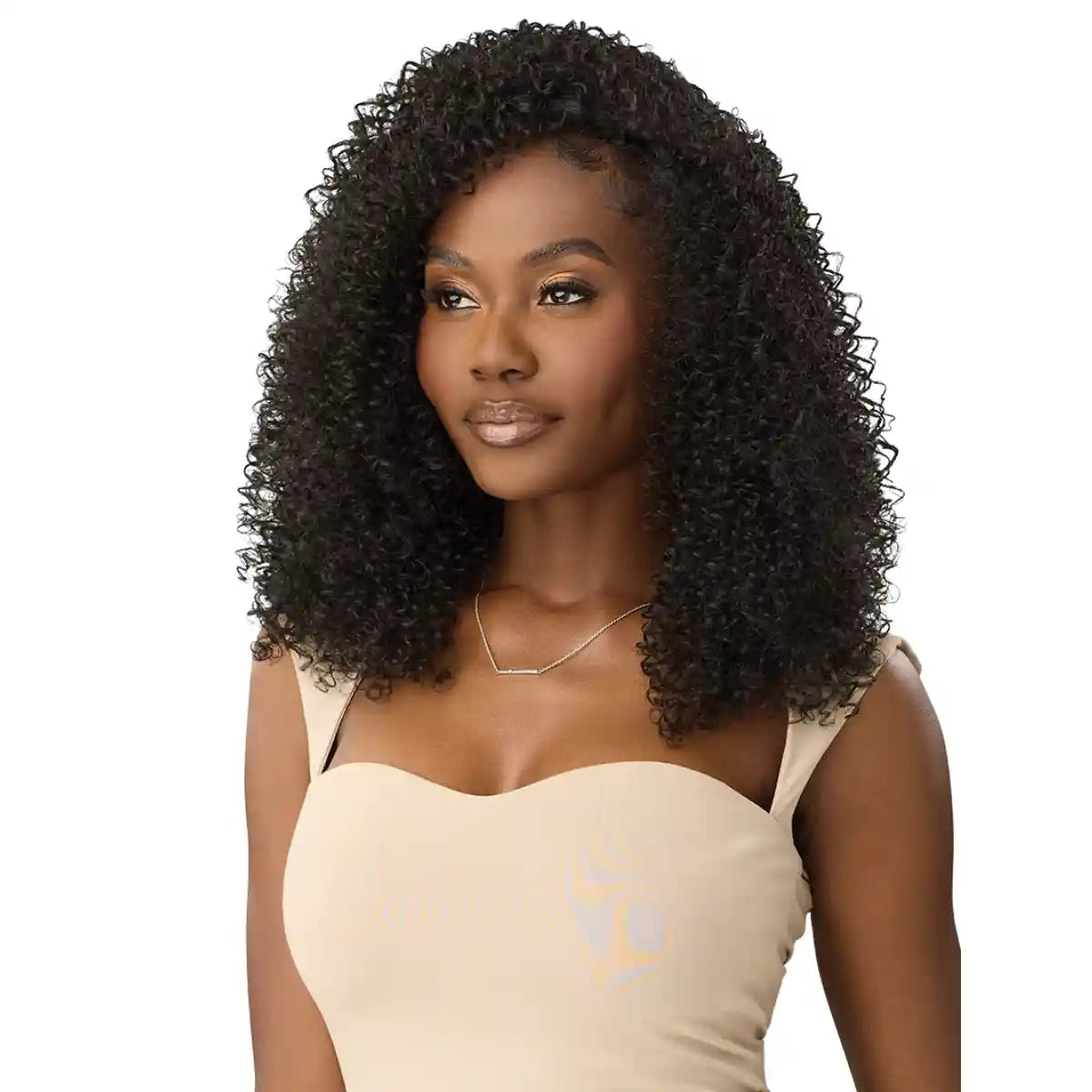 Outré perruque noire demi-tête en yaki hair synthétique.