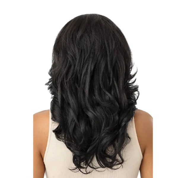 Perruque demi-tête style brushing, couleur noir en synthetique.