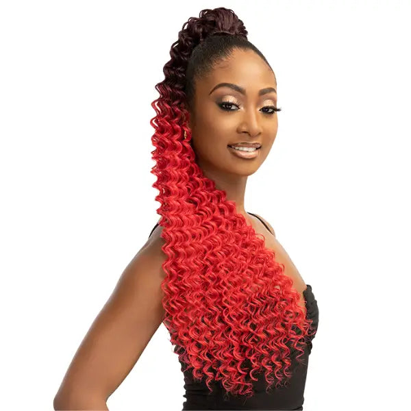 Postiche ponytail Deep Curl Bouclé rouge Human Hair Blend Janet Collection 32 pouces
