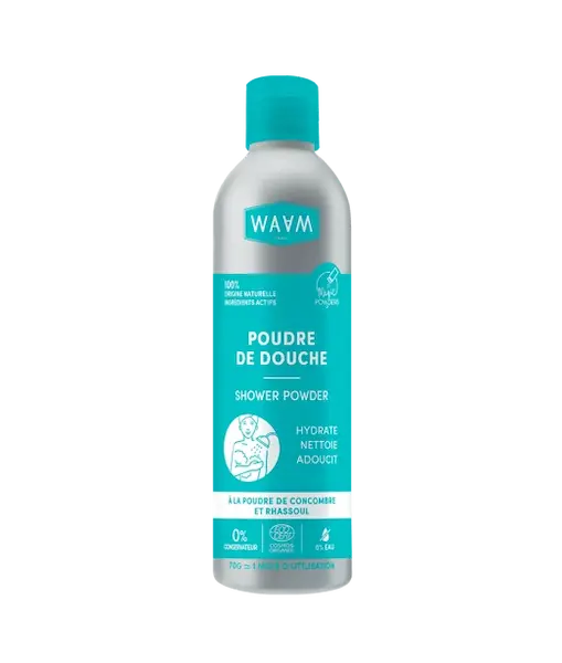 Poudre de douche Bio Waam Magic Powder 70g nettoie, adoucit et laisse la peau hydratée. Sans conservateur.