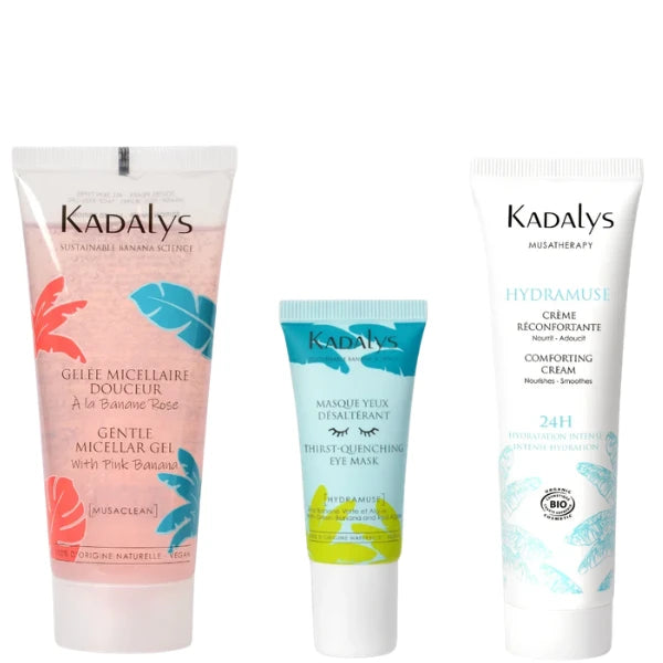 Rituel peau délicate Kadalys avec gelée micellaire, crème réconfortante et masque yeux pour apaiser et hydrater les peaux sensibles