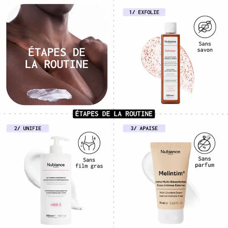 Exfoliez, Unifiez et Apaisez les zones sensibles du corps avec ce trio de soins anti-taches Nubiance