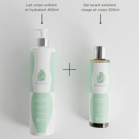 Routine de soins unifiants pour le corps en 2 étapes : exfoliation + hydratation