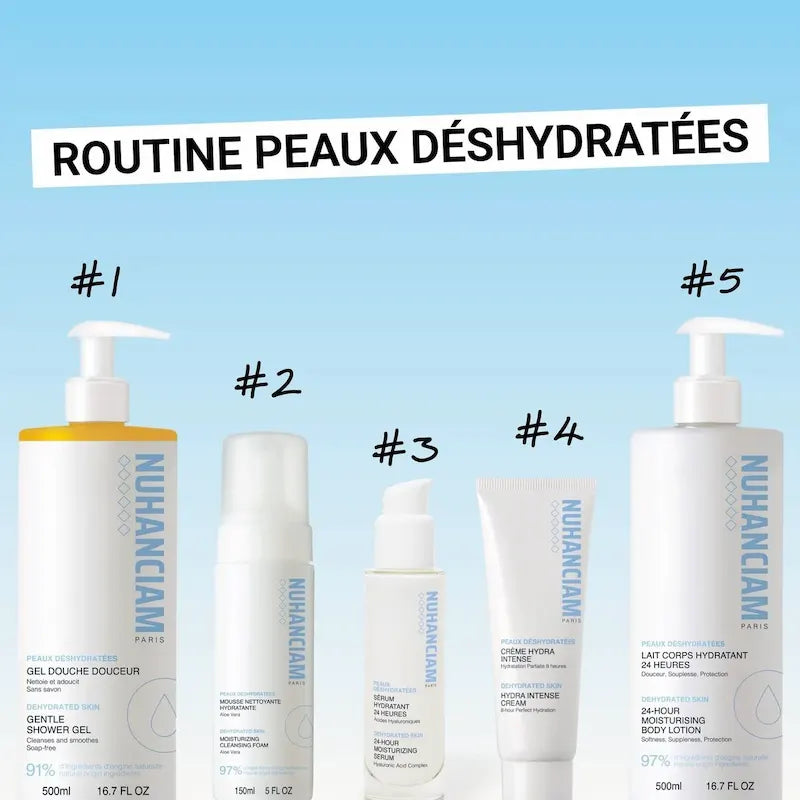 Routine hydratation visage Nuhanciam pour peau déshydratée avec sérum aux 4 acides hyaluroniques et soins visage et corps