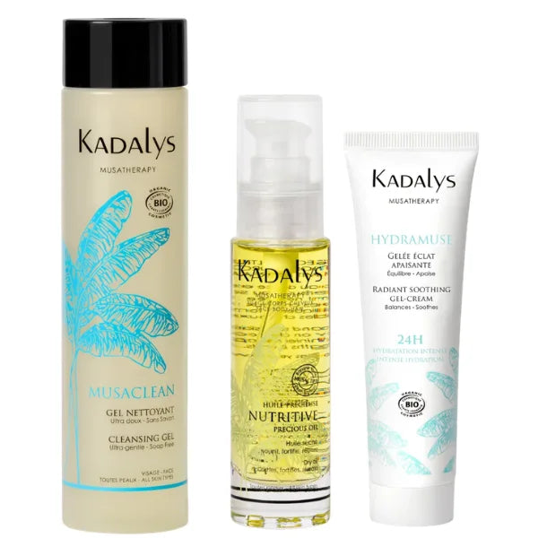 Routine soin homme Kadalys avec gel nettoyant, huile visage et gelée hydratante pour nettoyer, apaiser et hydrater la peau