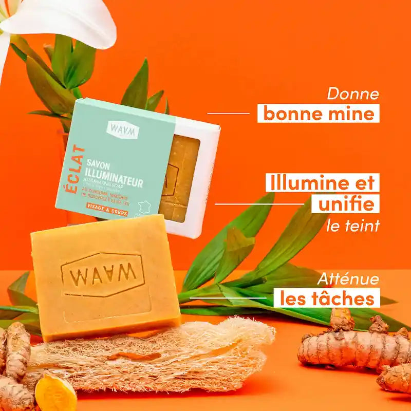 Savon au curcuma et macérat de busserole efficace contre les taches pigmentaires sur Visage et Corps. BIO