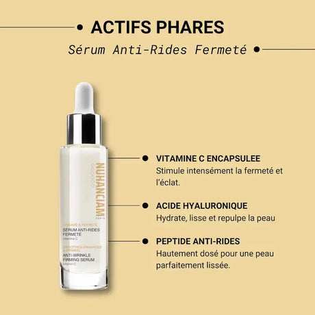Sérum anti-âge Nuhanciam 97% d’ingrédients d’origine naturelle pour à la Vitamine C pour une peau raffermie et unifiée.