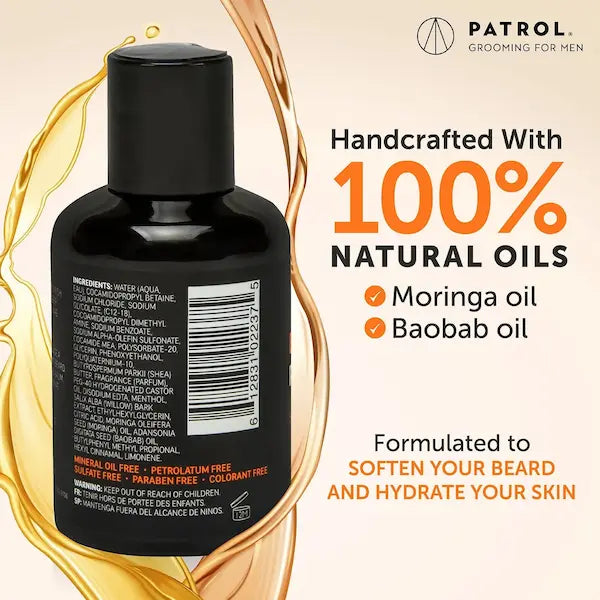 shampoing pour barbe afro, crépue aux huiles naturelles de moringa et de baobab. Assouplit et hydrate.