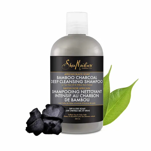 Shea Moisture Shampoing Purifiant Detox African Black Soap Bamboo Charcoal Deep Cleansing Shampoo. 384ML