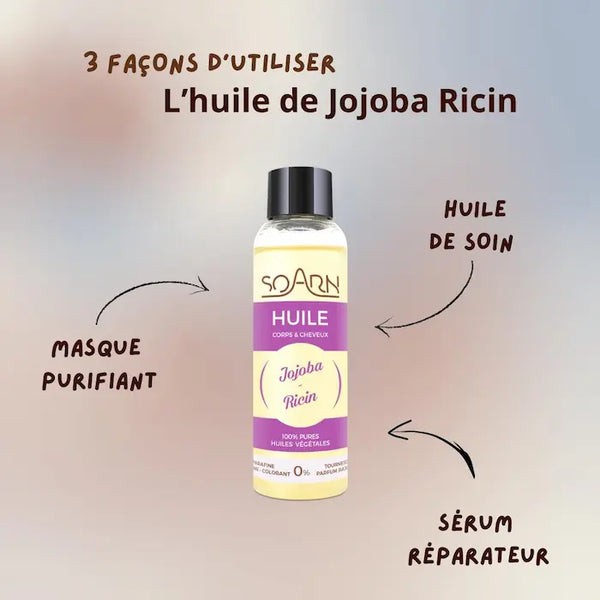 L’huile de Jojoba Ricin à utiliser en masque purifiant, en sérum réparateur ou en huile de soin. Flacon 100ML