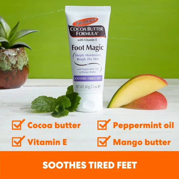 Soin hydratant et apaisant pour pieds fatigués, échauffés - Palmers Foot Magic au cacao, huile de mente poivrée et beurre de mangue.