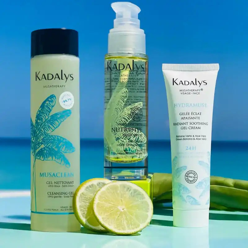 Trio soin homme Kadalys avec gel nettoyant, huile et gel hydratant dans un univers frais pour routine visage légère et équilibrée après le rasage
