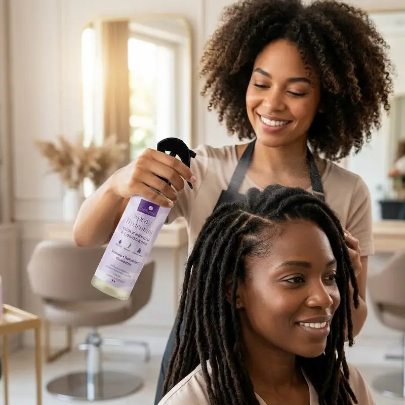 Spray hydratant pour lock et cheveux frisés crépus bouclés. Apaise le cuir chevelu irrité et sujet aux démangeaisons