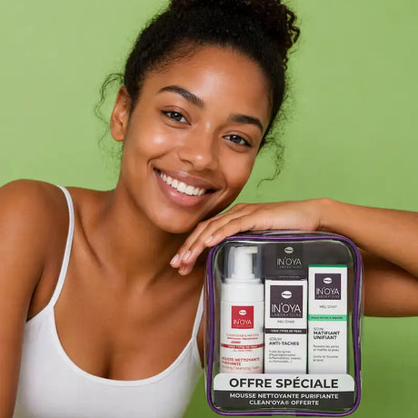 Routine anti taches IN’OYA peau grasse, soins visage pour teint uniforme et matifié. Format voyage