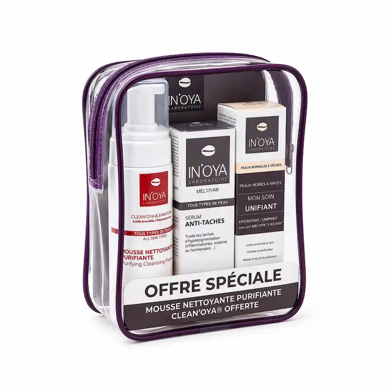 Trousse anti taches peau sèche IN’OYA avec mousse clarifiante, sérum unifiant et soin hydratant