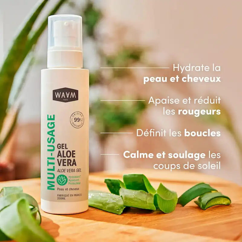 Gel d'Aloe Vera Waam Apaisant Hydratant pour peaux réactives ou sensibilisées et hydratant et définissant pour les boucles