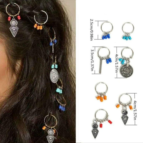 7 bagues cheveux anneaux argents fantaisies perles colorées - Bijoux de cheveux - diouda