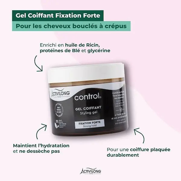 Enrichi en huile de Ricin et protéines de Blé, le Gel Coiffant Fixation Forte Control d'Activilong sculpte et fixe durablement la coiffure.
