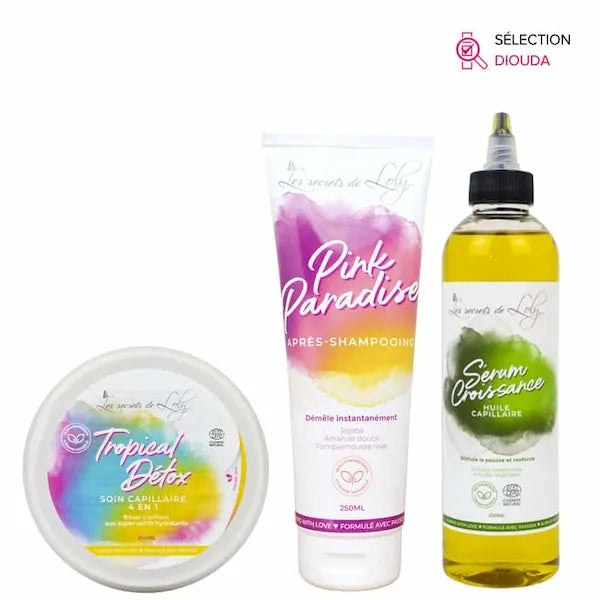 Trio détox capillaire Les Secrets de Loly pour les cheveux bouclés à crépus. Composé de Tropical Détox, Après-Shampoing Pink Paradise et Huile Capillaire Sérum Croissance.