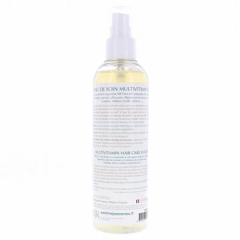 Formulée sans paraben, sans silicone, sans phénoxyéthanol, L'eau de soin capillaire Multivitaminée SJR Paris est à base d'une eau osmosée ultra pure.