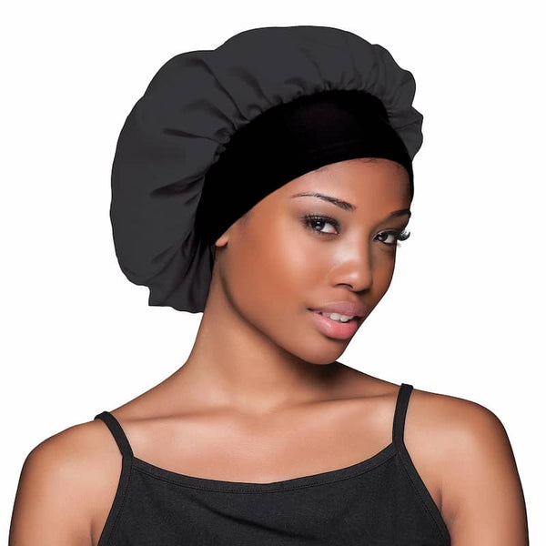 Bonnet Satin Noir à Bord Large pour Cheveux Frisés Afro Crépus