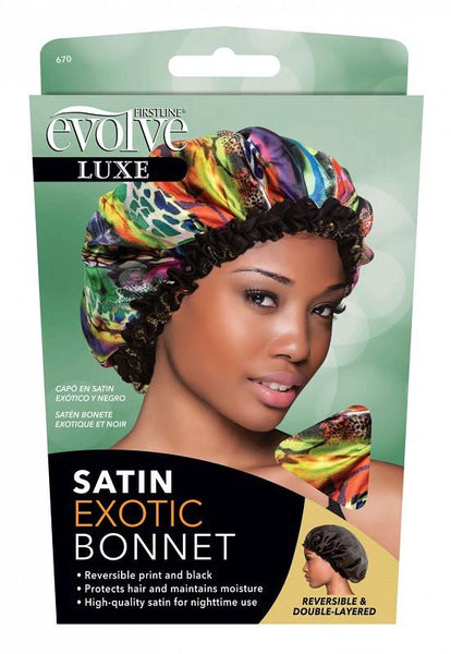 Bonnet Satin Réversible Evolve® Exotic imprimé d'un coté, noir de l'autre.
