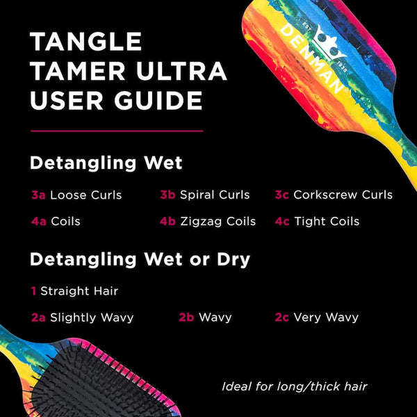 Comment utiliser la brosse denman D90 Tangle Tamer Ultra sur cheveux humides ou secs selon la texture des cheveux.