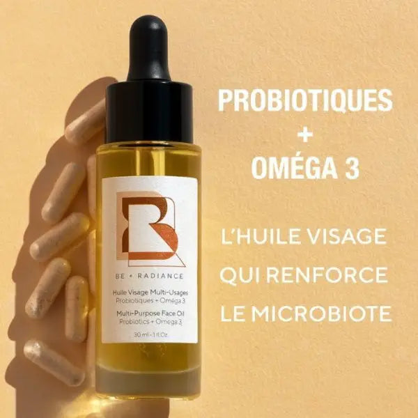 BE+RADIANCE - Huile Visage Multi-Usage aux Probiotiques + Oméga 3 - produit  3 en 1: sérum, démaquillant et à mixer avec le fond de teint. 100%  naturelle et made in France