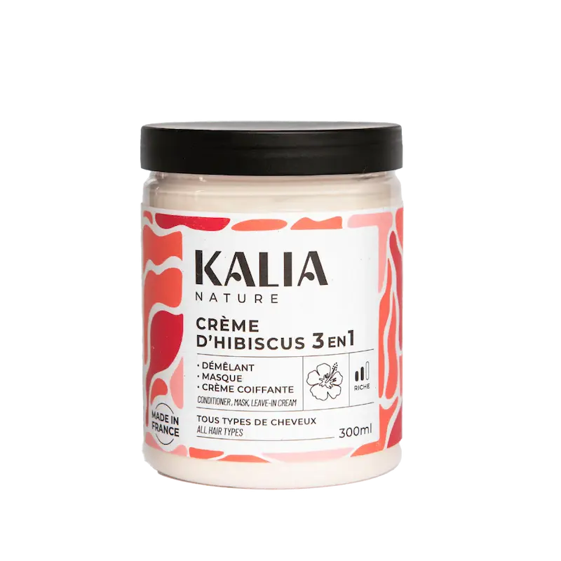 Kalia Nature Crème d'hibiscus soin capillaire 3-en-1 300ml à utiliser en masque, après-shampooing ou soin coiffant sans rinçage.