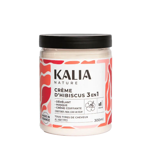 Kalia Nature Crème d'hibiscus soin capillaire 3-en-1 300ml à utiliser en masque, après-shampooing ou soin coiffant sans rinçage.